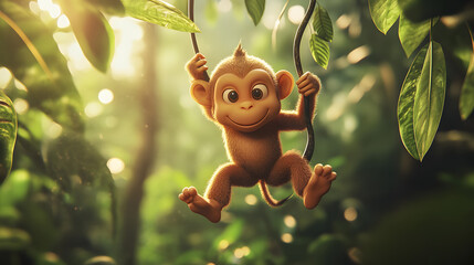 A mischievous 3D cartoon monkey swinging on a vine in a dense jungle.