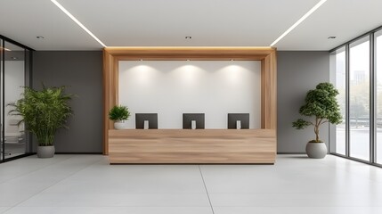 Office environment with a 3D-rendered business hall featuring collaborative spaces and high-tech equipment