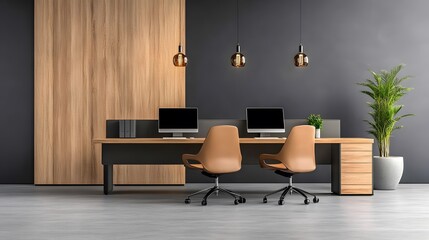 Business hall in 3D rendering with warm wooden accents, natural light, and modern workstations, office setting