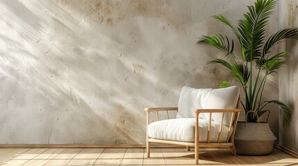 Chic interior showcasing a sleek armchair and a leafy plant beside a neutral plaster wall