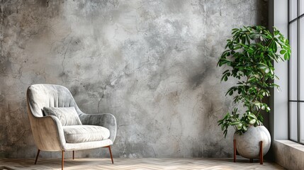 Chic interior showcasing a sleek armchair and a leafy plant beside a neutral plaster wall