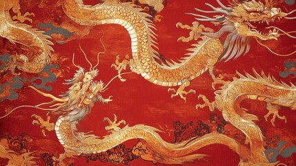 Majestic dragon dance celebration ancient china traditional art vibrant red background artistic perspective cultural heritage