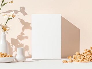 Blank cereal box with realistic shadows, standing upright on a light neutral surface, perfect for product branding presentations