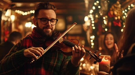 Fototapeta premium Bearded Man in Glasses Playing Violin on Festive Stage with Christmas Lights