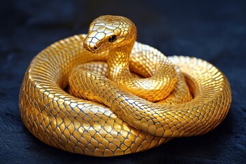 Fototapeta premium A beautiful golden snake coiled in an elegant and powerful pose, its gold leaf scales gleaming against a dark background, showcasing its majestic and graceful presence 1