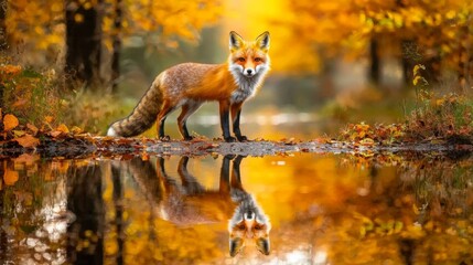 Naklejka premium A red fox standing in a stream is perfect for wildlife and nature documentaries, websites, or social media posts.