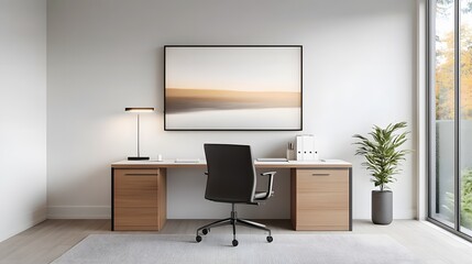 Professional office setup in 3D rendering showcasing a clutter-free desk with modern decor and ergonomic chair