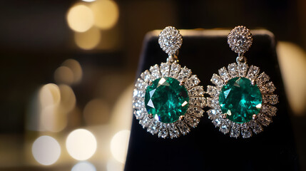 A pair of emerald earrings radiating brilliance under spotlight in a boutique setting.