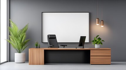 Modern office design with a clean desk layout, natural lighting, and professional furnishings, 3D rendering