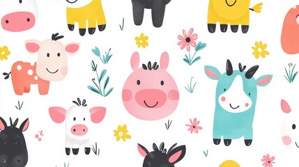 Obraz premium Adorable Farm Animal Cartoon Seamless Pattern for Kids' Nursery Decor with a Countryside Background.