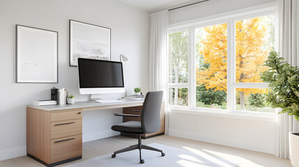 Fototapeta premium Clutter-free office desk in 3D rendering featuring minimal decor, modern monitor, and organized workspace