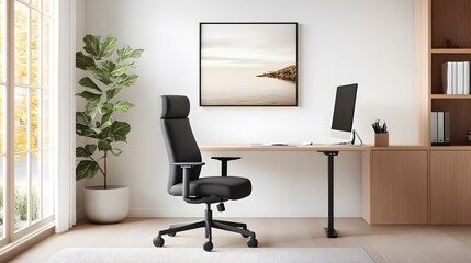 3D-rendered workspace with clean desk setup, contemporary decor, and ergonomic office chair