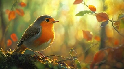 Obraz premium A close-up of a small bird perched on a branch in a softly lit, autumnal forest setting.