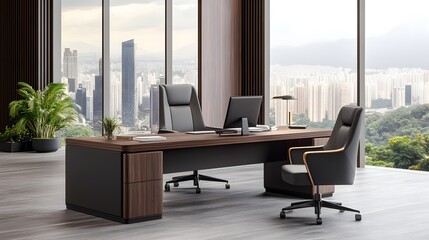 Office desk with a professional layout, minimal clutter, and modern decor in a stylish office setting, 3D rendering