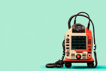 Fototapeta premium A vintage-style poster of an EKG machine with bold typography, muted colors, and a heart rhythm displayed prominently