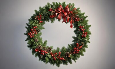 A beautiful Christmas wreath with pine and holly, evergreen, seasonal decor