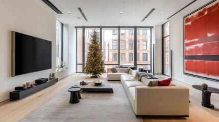 Fototapeta premium Modern living room with a small Christmas tree in the corner, clean lines, and subtle holiday decor for a minimalist touch