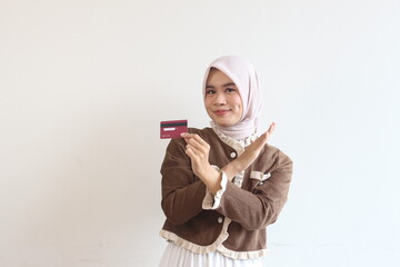 Young Muslim Woman Rejecting Credit Card Offer, Showing No  Interest in Purchase,  Financial...