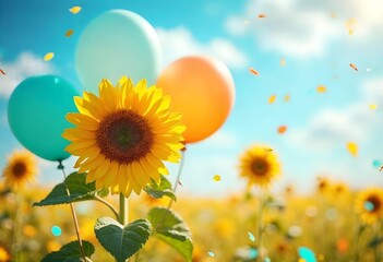 a sunflower field with balloons in the background and a blue sky with the words happ at the bottom.