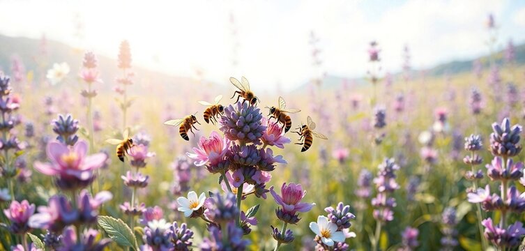 Un grupo de abejas revoloteando alrededor de una planta de lavanda con flores rojas y blancas en un campo soleado , polen, rojo