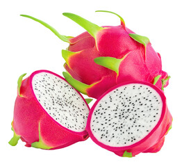 Pitaya isolated. Ripe Dragon fruit or pitahaya with a half piece on a white background. Package...