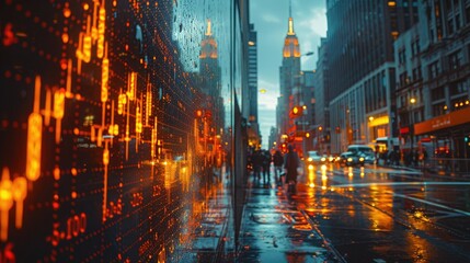 Rainy night in New York City, financial district with stock market data reflected on building.