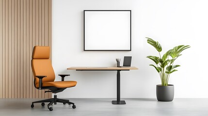 Office setup in 3D rendering featuring a neat desk, minimalist decor, and ergonomic workspace design