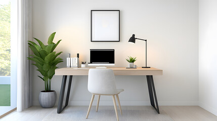 Office setup in 3D rendering featuring a neat desk, minimalist decor, and ergonomic workspace design