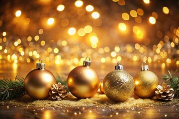 Fototapeta premium Elegant Christmas and New Year's Card Design with Golden Background, Shimmering Ornaments, and Soft Bokeh Lights, Featuring Ample Space for Personal Text Messages