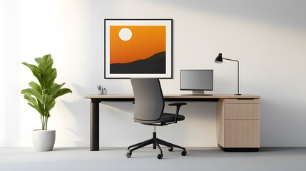 Office setup in 3D rendering featuring a neat desk, minimalist decor, and ergonomic workspace design