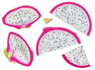 Pitaya isolated. Ripe Dragon fruit or pitahaya piece on a white background. Set. Collection....