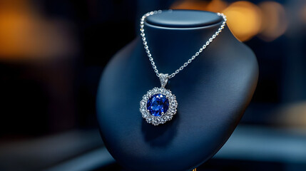A platinum necklace with a sapphire pendant radiating under warm lighting on a display stand.