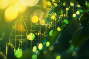 Abstract financial chart overlaid on green leaves with bokeh lights, representing sustainable investment or eco-finance.