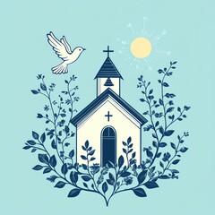 Naklejka premium Peaceful church nestled in blooming plants, with a dove and sun.