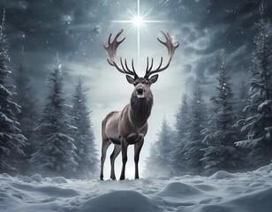 Naklejka premium A cheerful reindeer stands in a snowy forest under glowing stars, creating a magical holiday scene