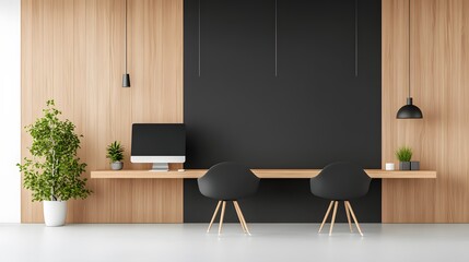 Sleek office design with bright windows and minimalist elements, 3D rendering