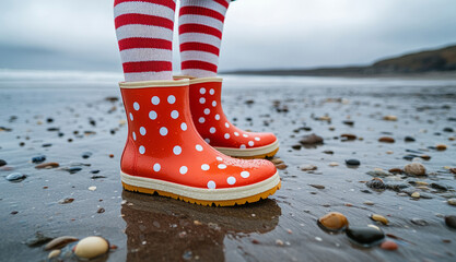 The legs of a little girl in rubber boots with red polka dots. A little fashionista in boots and striped socks.