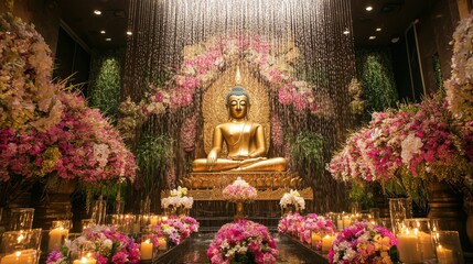 Fototapeta premium Ornate Golden Buddha Statue in Flower Adorned Temple Interior