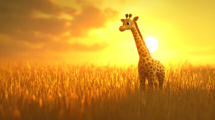 Obraz premium A quirky 3D cartoon giraffe with a long neck posing in a golden savanna.