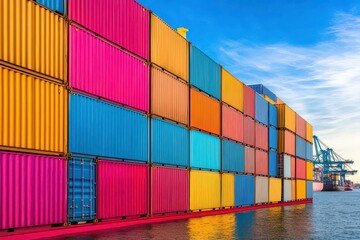 Fototapeta premium A vibrant stack of shipping containers at a port, reflecting in the water.