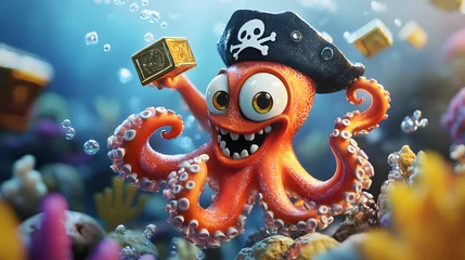 A quirky 3D cartoon octopus wearing a pirate hat and juggling treasure in an underwater scene.