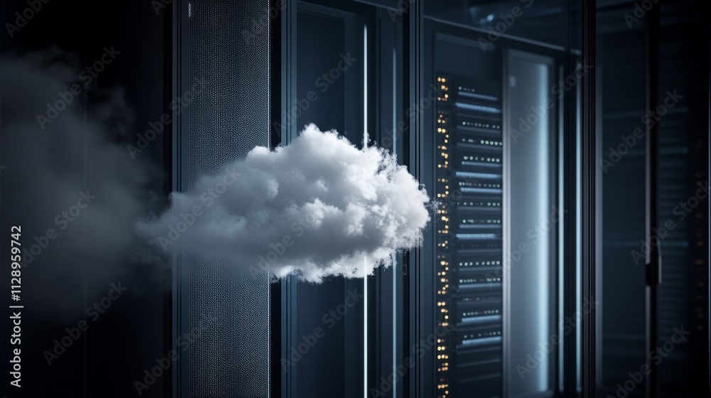 Poster data processing action in a server room with cloud computing conceptual visualization in technology 