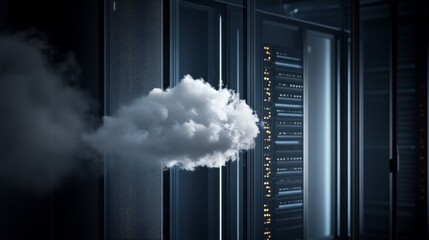 Data processing action in a server room with cloud computing conceptual visualization in technology environment