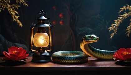 Stylized Snake and Lantern Combinations for Lunar New Year Posters.