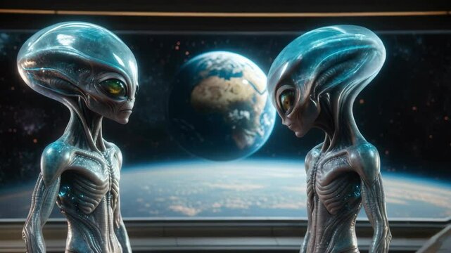 Two extraterrestrial beings stand in a spaceship, gazing at planet earth through a large window. The scene captures a moment of wonder and curiosity in the vastness of space