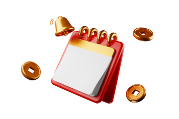 3D rendering, Chinese New Year red calendar floating in mid-air, with golden coins and golden bells around it. 3D rendering.