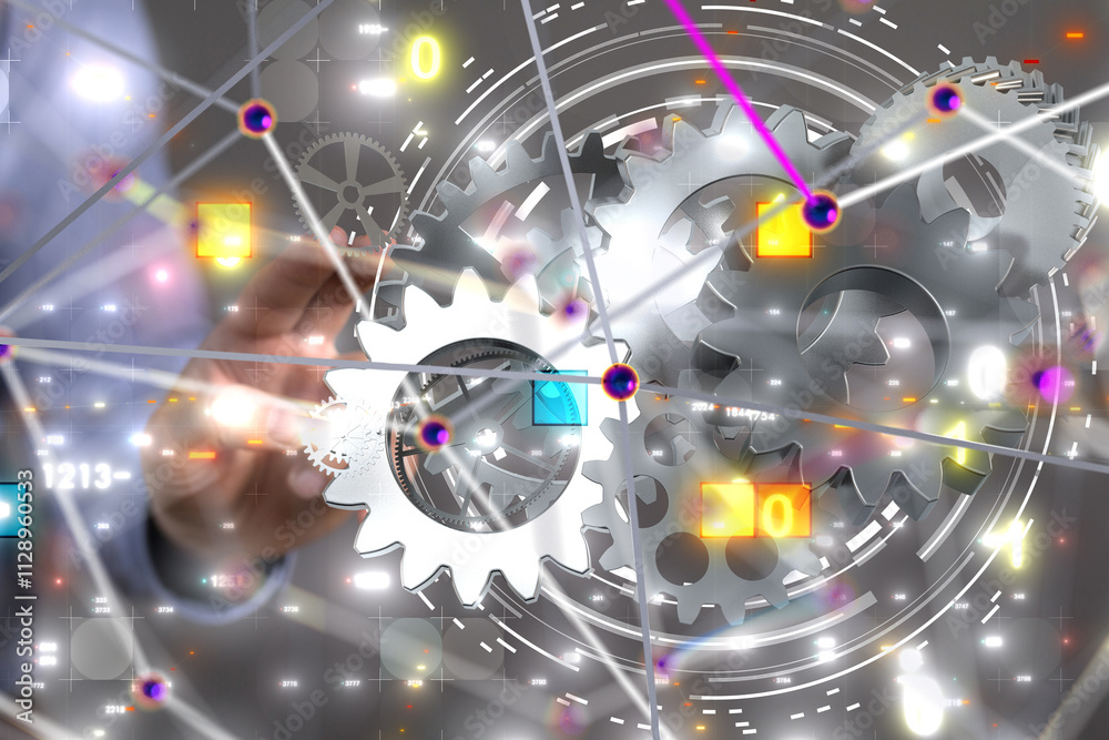 Poster Digital cyberspace with particles and Digital data network connections concept. - 3d