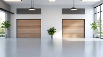 Fototapeta premium Modern empty garage space with bright floors and soft sunlight, 3D rendering