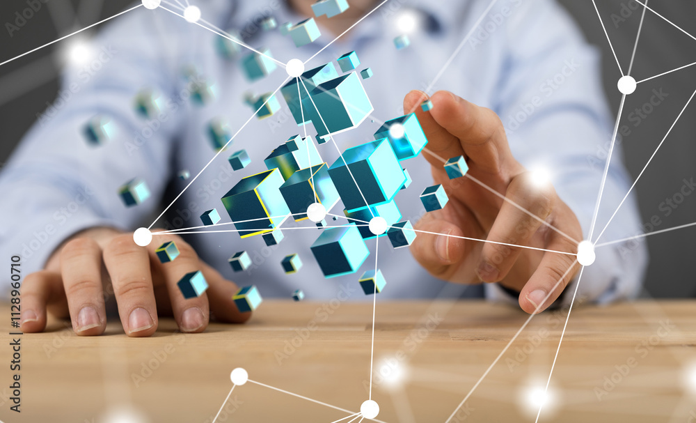 Poster Neural network 3D illustration. Big data and cybersecurity - 3d