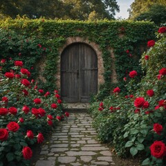 "A historic walled garden filled with climbing red roses and a cobblestone pathway leading to an ivy-covered cottage."